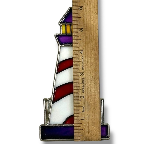 Stained Glass Lighthouse Candle Holder Glass Art Decor Purple Red Yellow 6” - Picture 11 of 16
